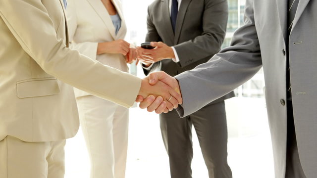 Business people shaking hands and talking