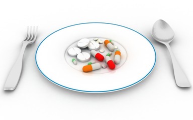 Pills on the plate, 3d render illustration.