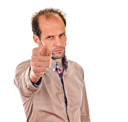 young man showing negative sign on white background