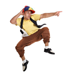 Naklejka premium Hip Hop dancer jumping and pointing