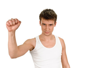 young man shows sign and symbol by hands on white background