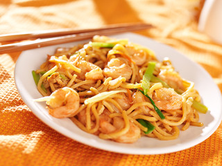 chinese shrimp lo mein with chopsticks