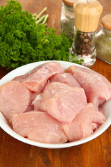 Raw turkey meat on wooden table close up
