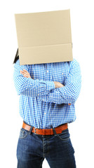 Man with cardboard box on his head isolated on white