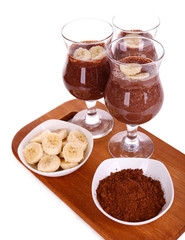 Cocktails with banana and chocolate isolated on white