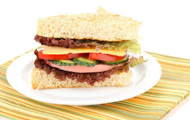 Fresh and tasty sandwich on plate isolated on white