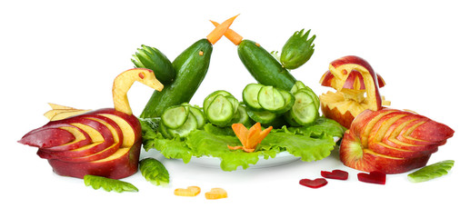 Carving vegetable and fruit patterns isolated on white
