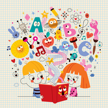 boy and girl reading book education concept illustration