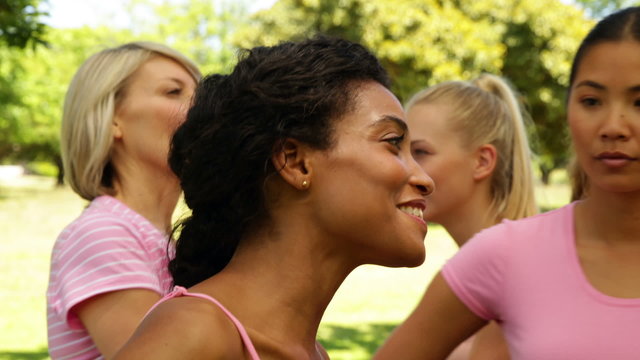 Smiling women in pink for breast cancer awareness in the park