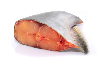 fresh prepared pangasius fish fillet on white background