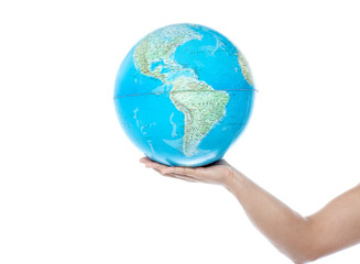 Closeup of man hand holding a globe