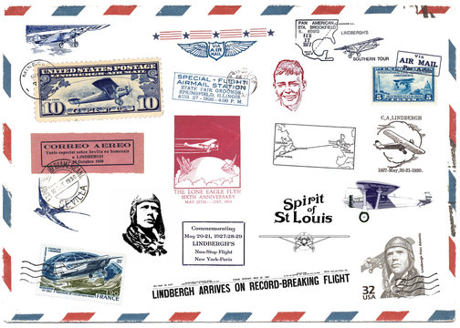 Postage stamps and airmail labels about Charles Lindbergh