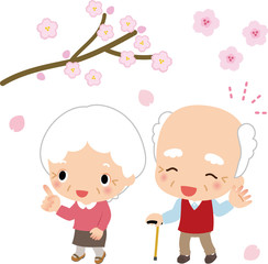桜と高齢の夫婦