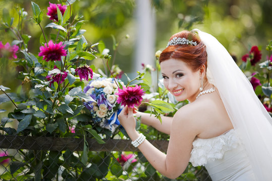 Beautiful lovely red hair young bride having fun.