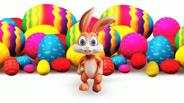 Easter happy bunny walking with color eggs