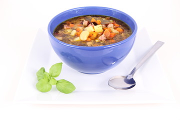 Bean soup seasoned with marjoram and bay leaf