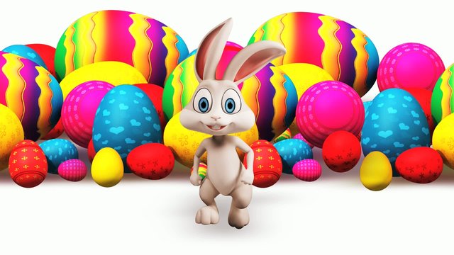 Easter happy bunny walking with big color eggs