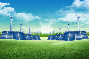 Solar panel and eolic system on green park