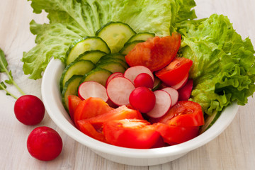 red radish, tomato, cucumber and lettuce