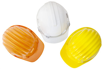 top view of multicolor safetyt,construction ,protection helmet