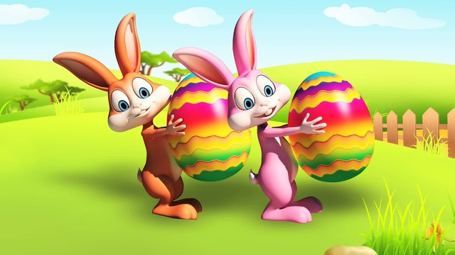 Easter happy bunny walking with color eggs