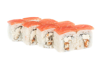 Roll with cream cheese, smoked eel and salmon fish