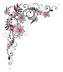 Obraz na płótnie Canvas Ranke mit Blüten und Herzen. Buntes Motiv im Sommer. Pink, schwarz.