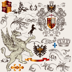 Set of  heraldic design  elements with shield, crown, griffin an