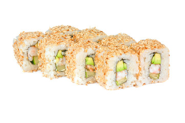 sushi rolls with sesame avocado and shrimp