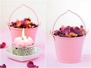 Beautiful spa setting with pink candle and rose petals. Collage.