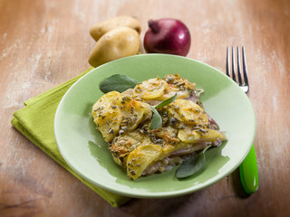cake with potatoes and onions, selective focus