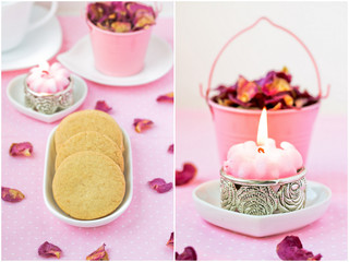Delicate pink collage with shortbread. Valentine's Day.
