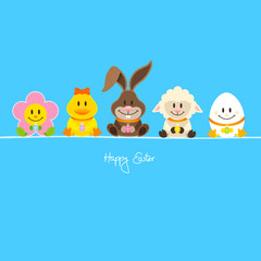 Flower, Duck, Bunny, Lamb & Egg With Eggs Blue