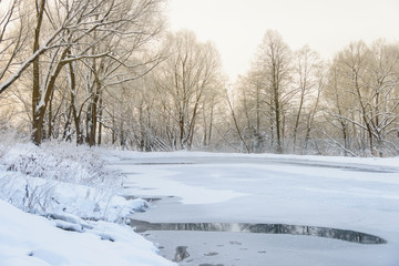 not frozen pond in winter