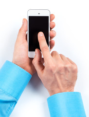 Businessman's hands using smartphone on white