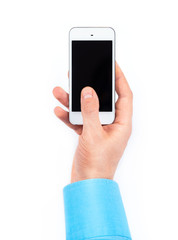 Businessman's hand using smartphone on white