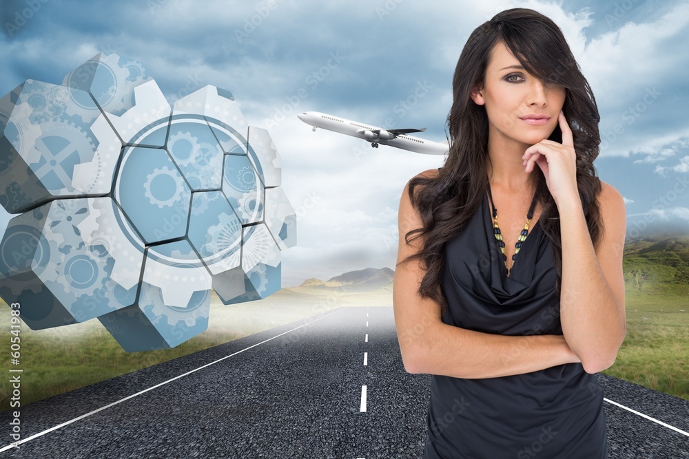 Poster Composite image of pensive elegant dark haired model posing with