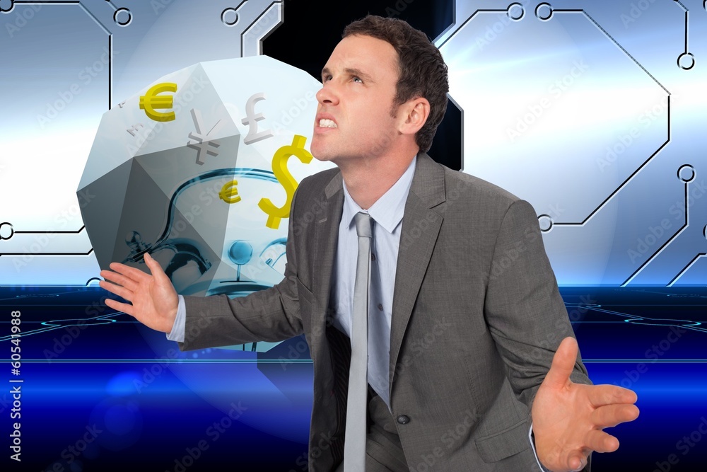 Poster composite image of businessman posing with hands out
