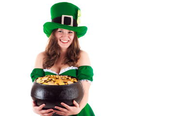 woman dressed as a leprechaun with a pot of gold in hands