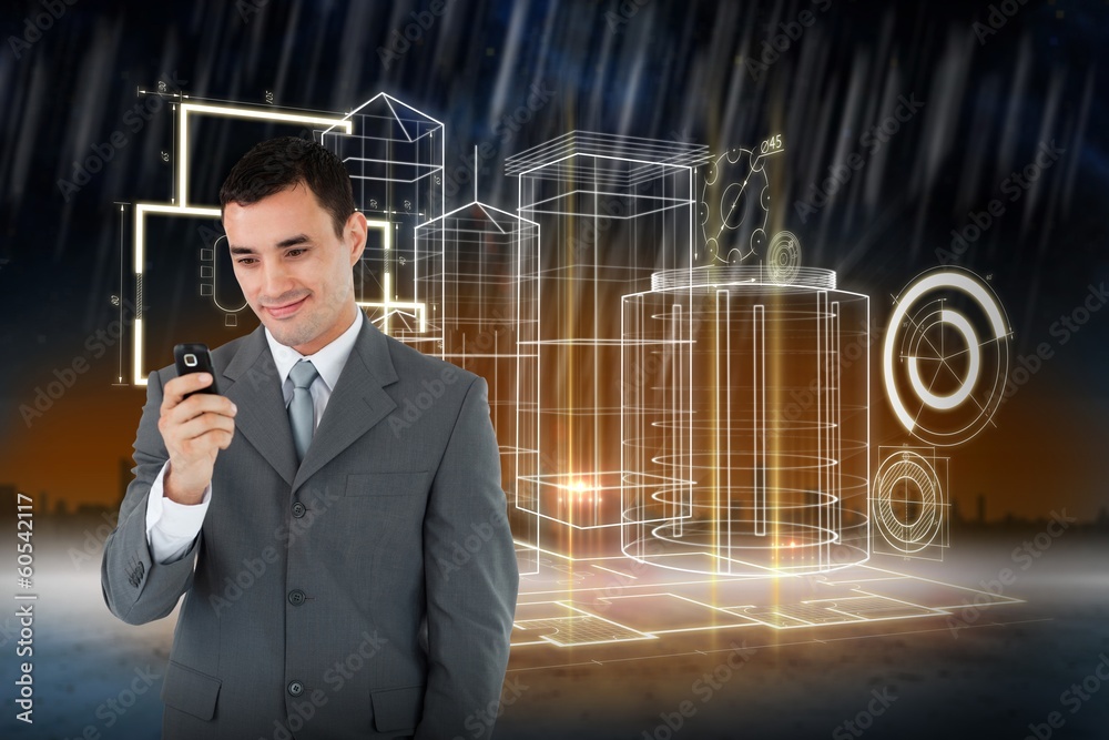Poster composite image of smiling businessman looking at his cellphone