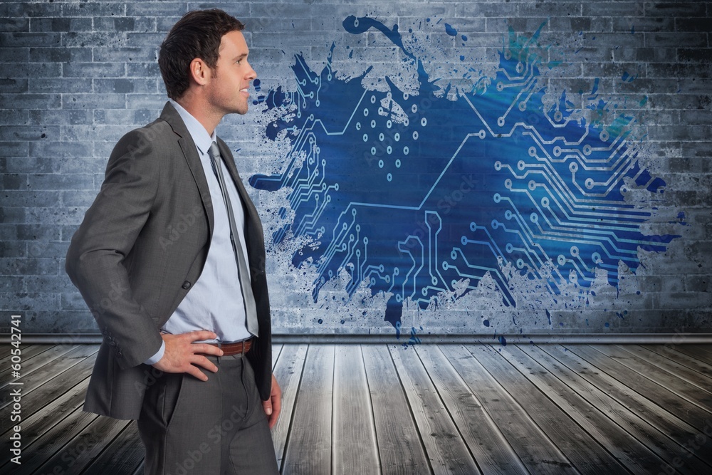Poster composite image of smiling businessman with hand on hip