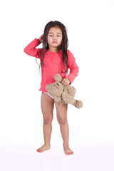 réveil difficile pour une petite fille avec son ours en peluche - obrazy, fototapety, plakaty