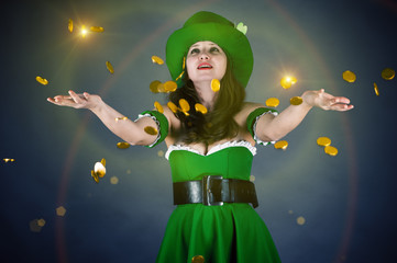 a woman dressed as a leprechaun gold coin throws up