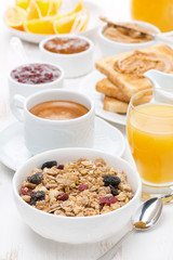 muesli, coffee, jams, toast, orange juice and peanut butter