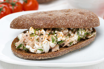 sandwich of rye bread with tuna, homemade cheese and dill