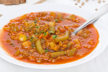 Spicy tomato soup with green lentils and vegetables, close-up
