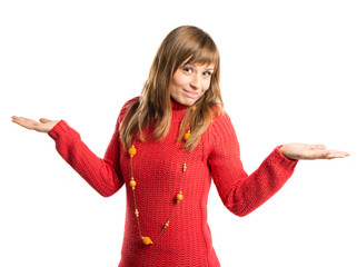 Cute young girl having doubts over isolated white background