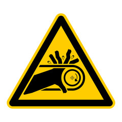 wso42 WarnSchildOrange - english warning sign: risk of hand injuries - pulleys and belts - German Warnschild: Handverletzungsgefahr durch Riemenantriebe mit Rechtslauf - g450