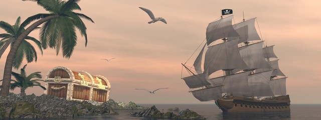Naklejka premium Piracki statek znajdujący skarb - 3D render