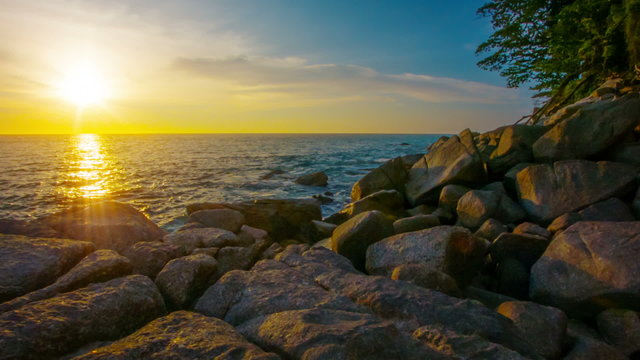 Tropical sea with stones and trees at sunset. Thailand, Kamala B